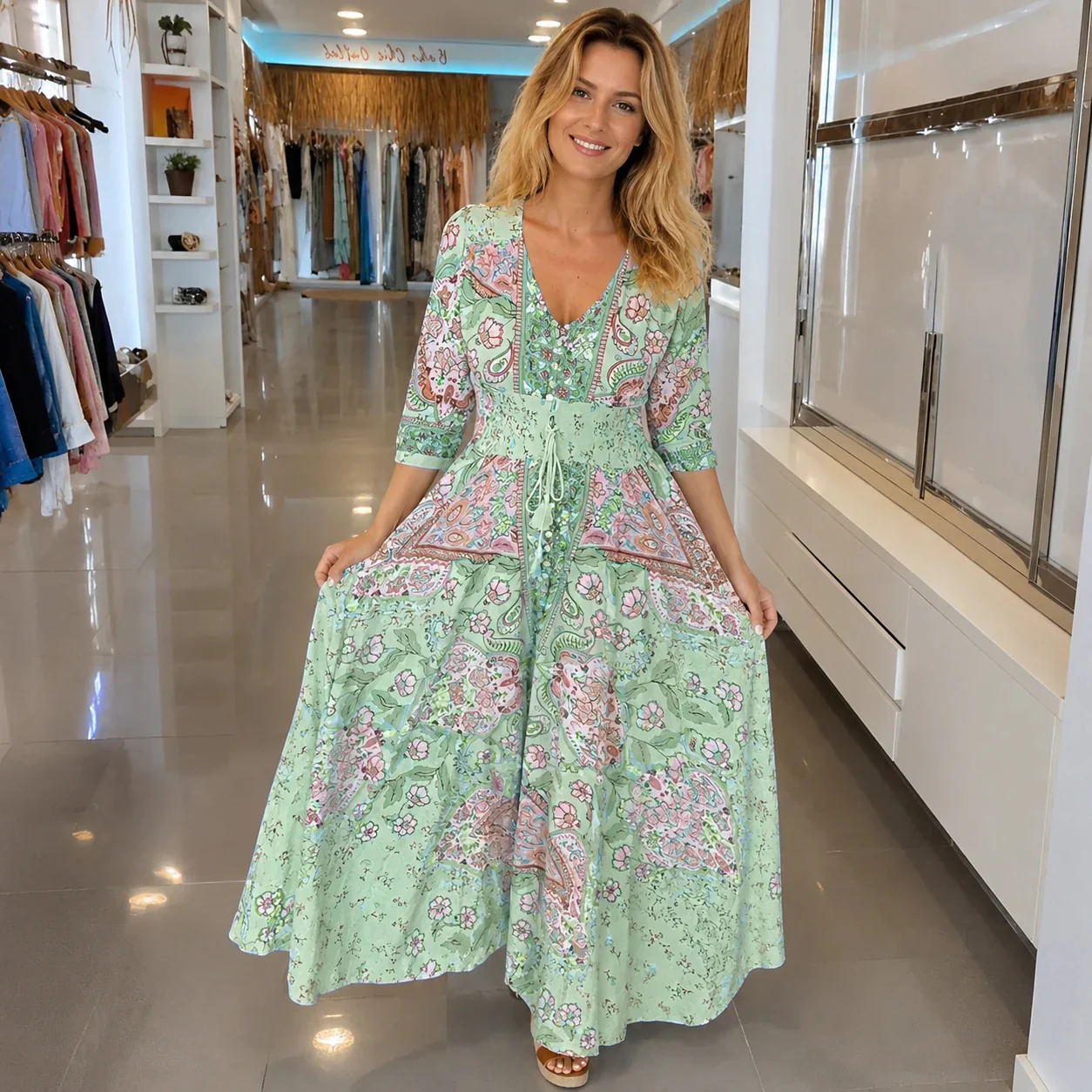 Jasmin - Robe élégante à col en V avec imprimé pour femmes - Image 2